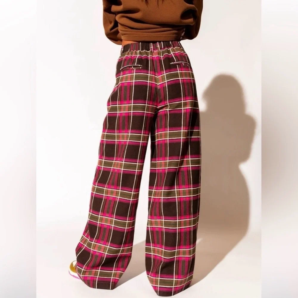 Dressed in LALA Plaid Wide-Leg Pants Pink and Brown - Picture 2 of 5
